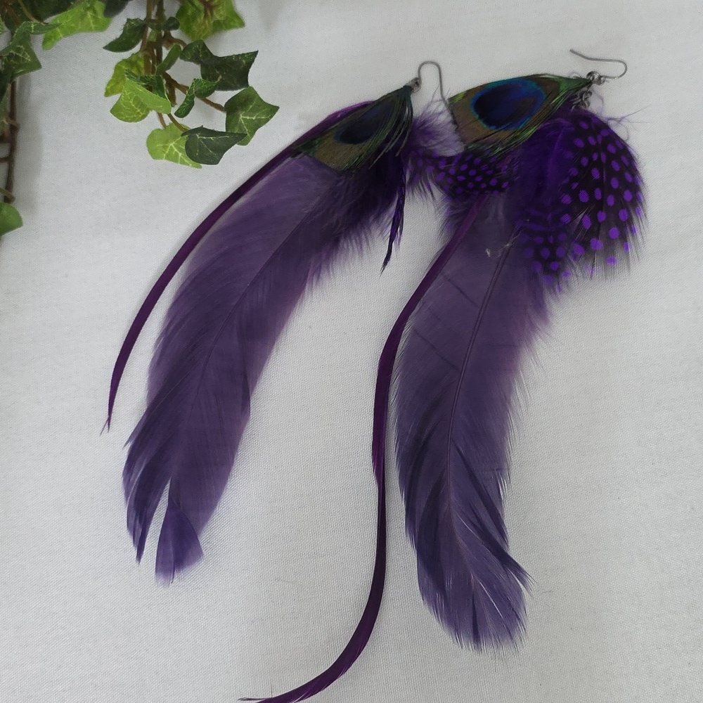 Boho Long Purple Real Feather Earrings